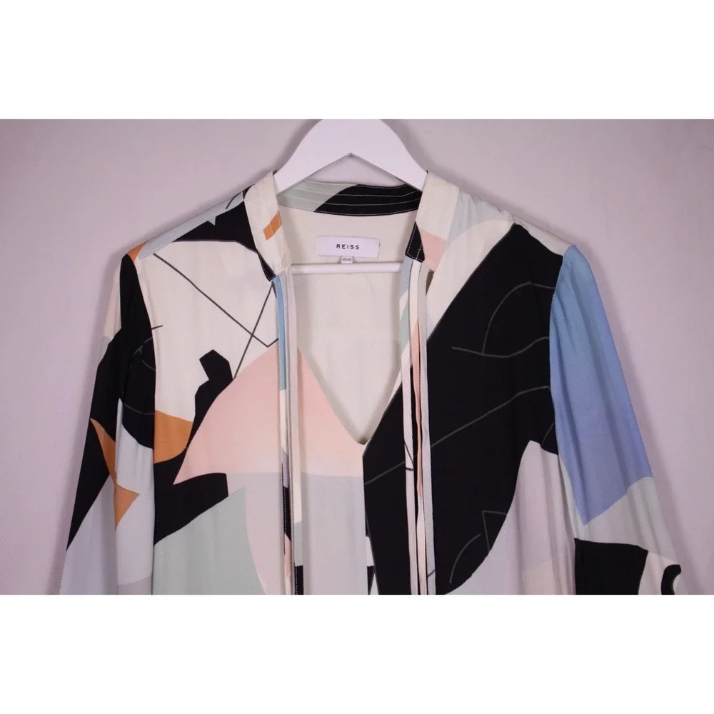 Reiss Mini Dress Rosa Abstract Size 8 Nuanced Collar Tie V-neck  Long Sleeves